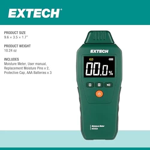 Extech MO50A Compact Pin Moisture Meter | 6.7 x 2.7 x 1.3 inches (17 x 6.9 x 3.3 cm) | Wood 5-50%, Building Materials 1.5-33% thumbnail 7