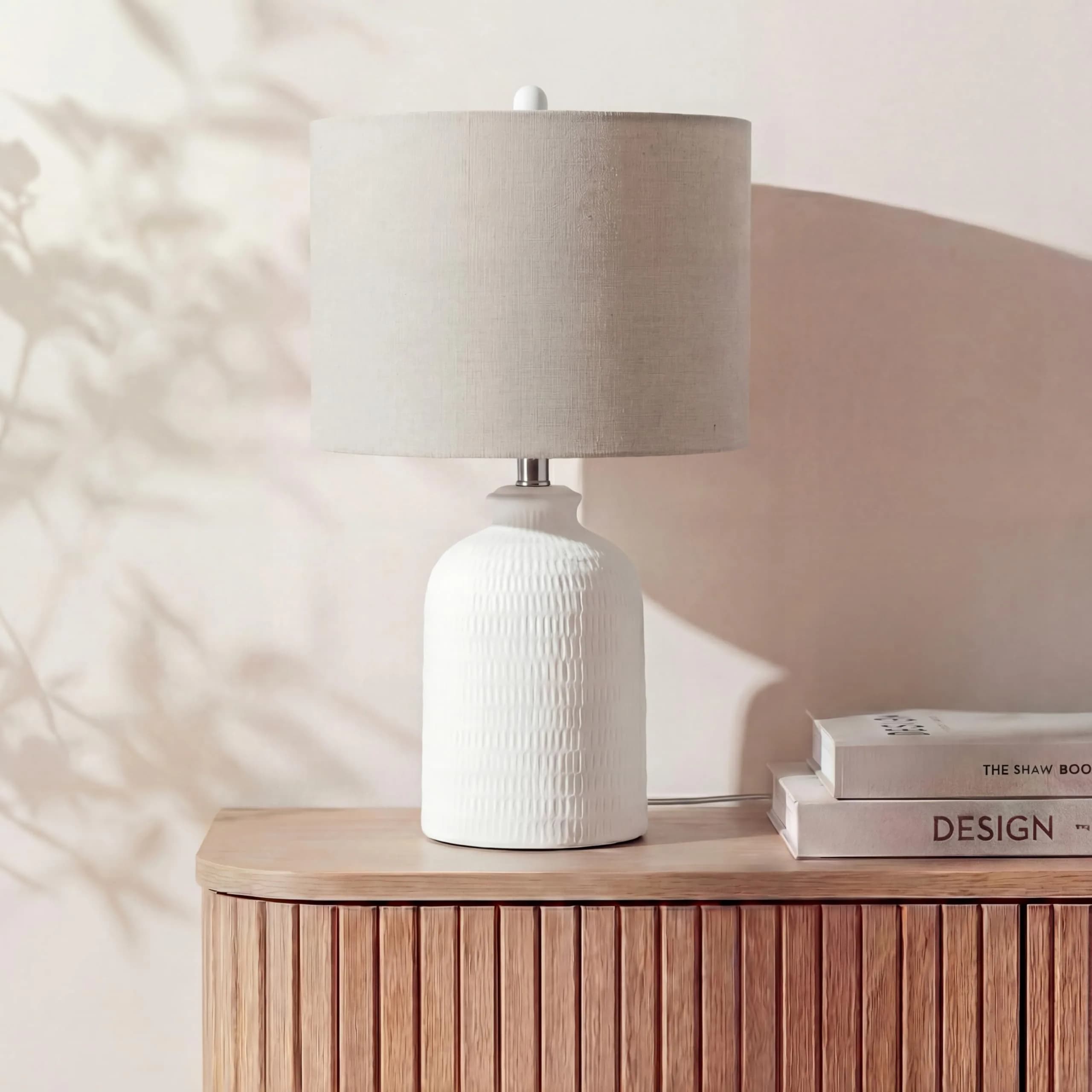 Nourison Home 24" White Textured Ceramic Table Lamp with Tan Linen Shade | Modern Accent Bedside Lamp for Bedroom, Living Room