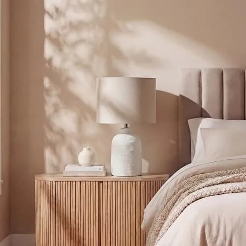 Nourison Home 24" White Textured Ceramic Table Lamp with Tan Linen Shade | Modern Accent Bedside Lamp for Bedroom, Living Room thumbnail 4