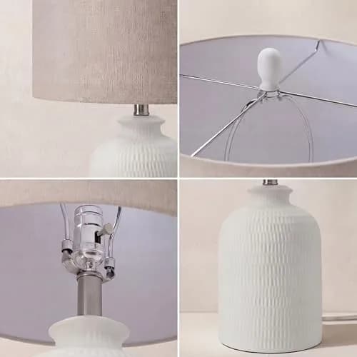 Nourison Home 24" White Textured Ceramic Table Lamp with Tan Linen Shade | Modern Accent Bedside Lamp for Bedroom, Living Room thumbnail 5