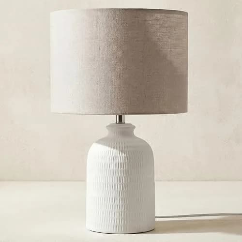 Nourison Home 24" White Textured Ceramic Table Lamp with Tan Linen Shade | Modern Accent Bedside Lamp for Bedroom, Living Room thumbnail 2