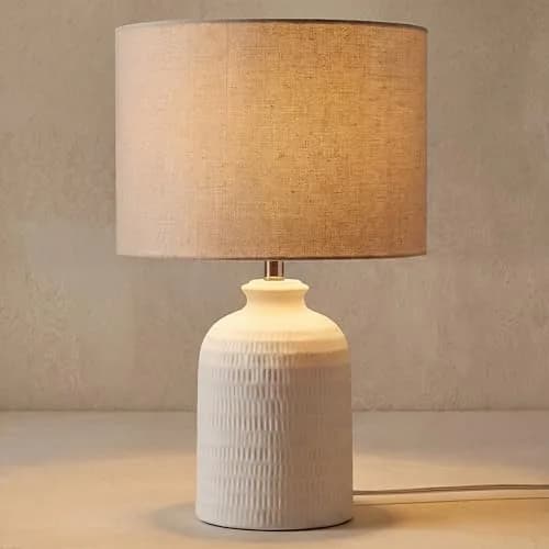 Nourison Home 24" White Textured Ceramic Table Lamp with Tan Linen Shade | Modern Accent Bedside Lamp for Bedroom, Living Room thumbnail 3