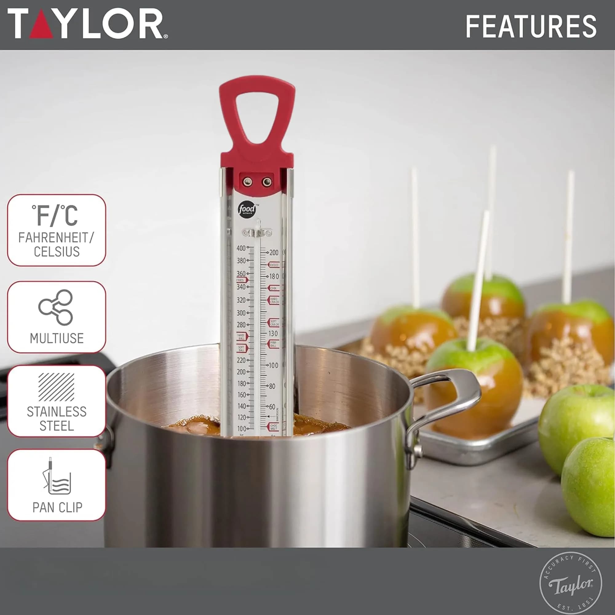 Taylor Food Network Stainless Steel Candy & Deep Fry Thermometer - Red | Accurate Temperature Control for Confectionery & Frying - view 2