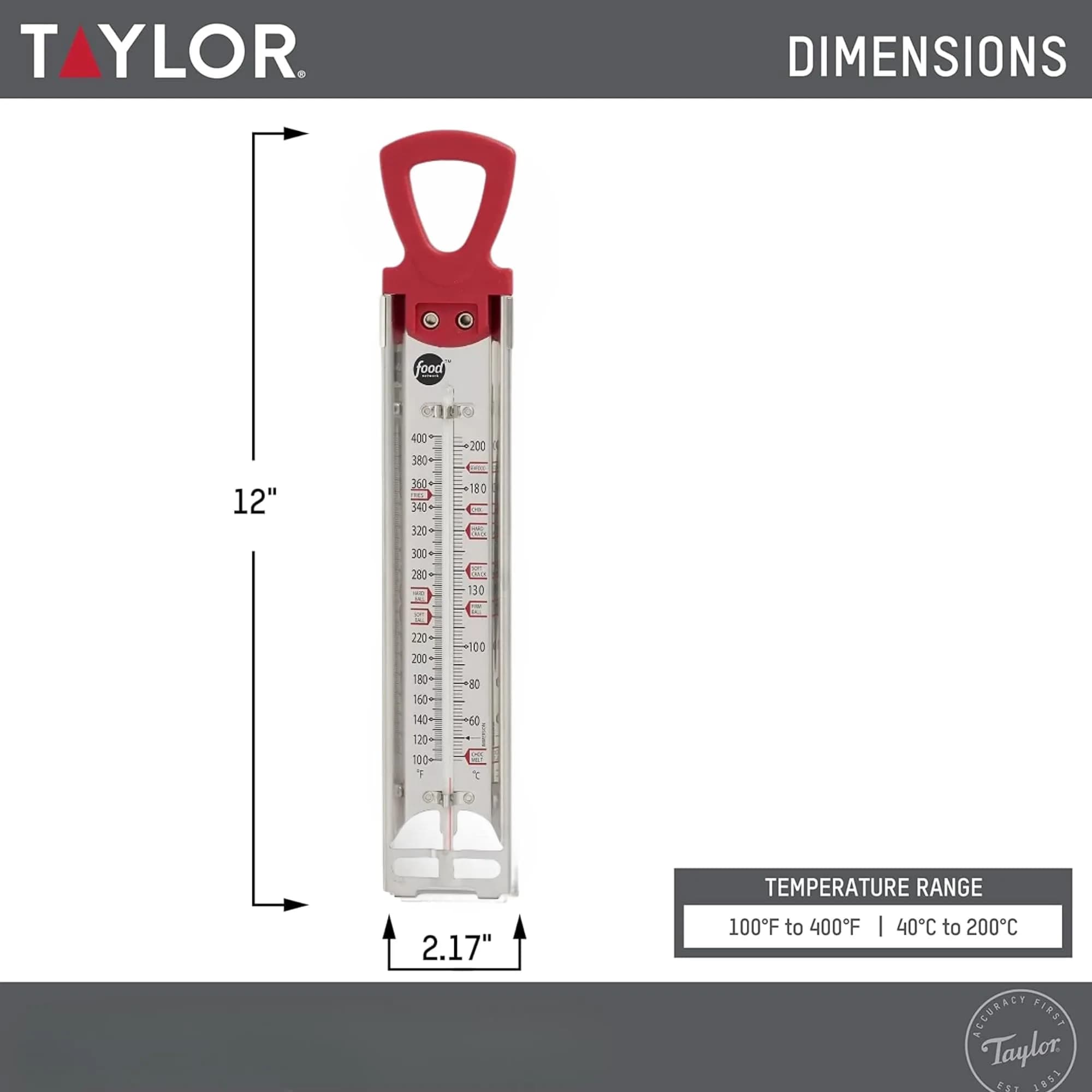 Taylor Food Network Stainless Steel Candy & Deep Fry Thermometer - Red | Accurate Temperature Control for Confectionery & Frying - view 3