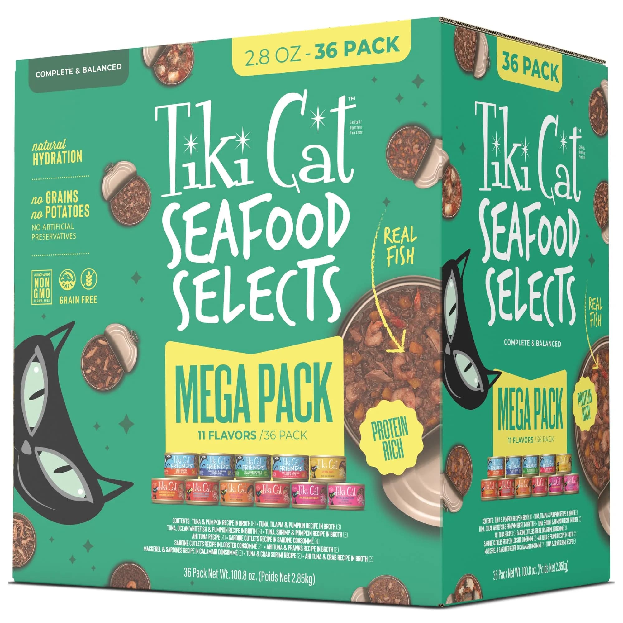Tiki Cat Wet Cat Food Mega Pack, Seafood Selects Variety Pack, 2.8 oz (36) | Protein-Rich, Grain-Free, Hydrating for Cats — Seafood Selects