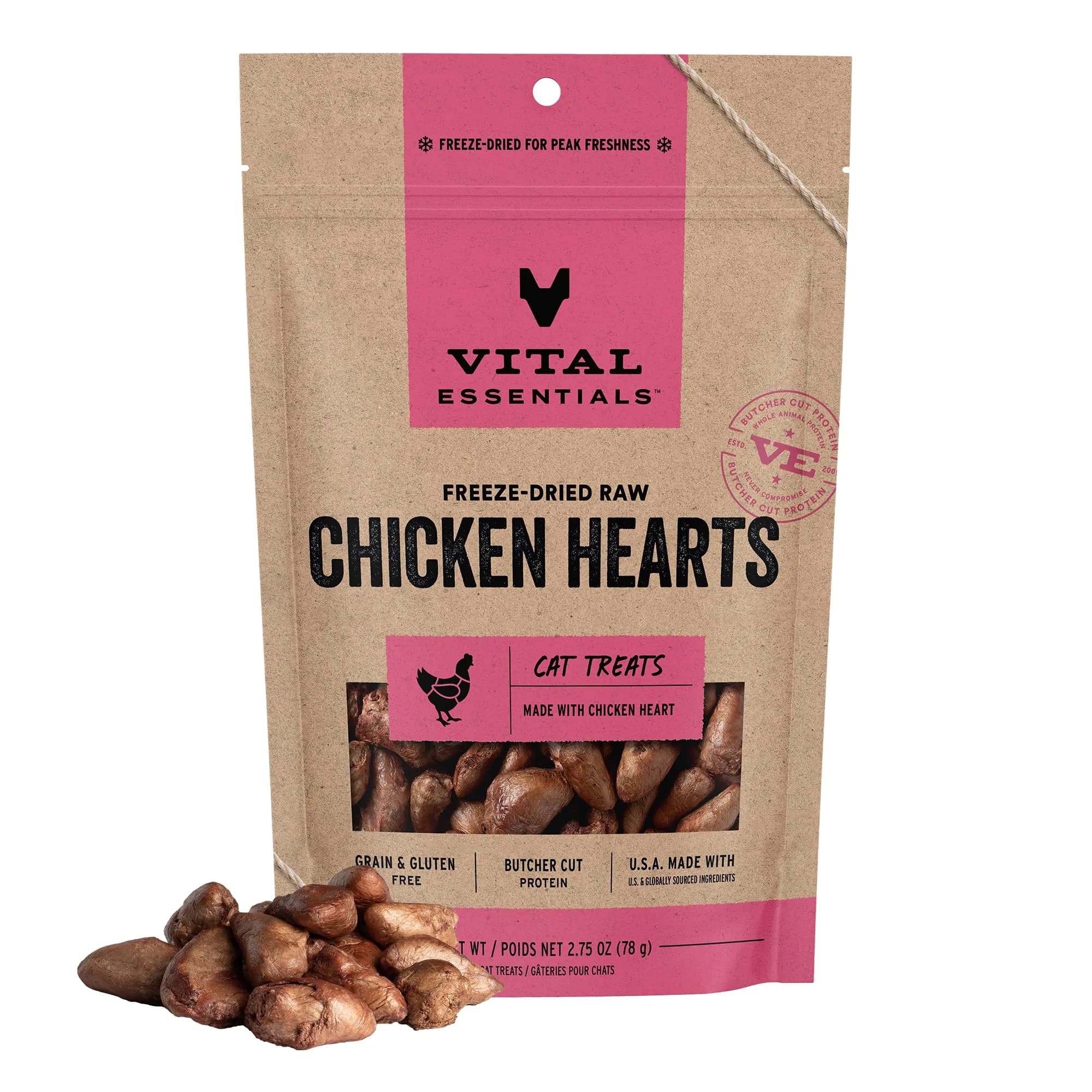 Vital Essentials Freeze Dried Raw Chicken Hearts Cat Treats 2.75 oz (78 g) | Single Ingredient Protein Boost
