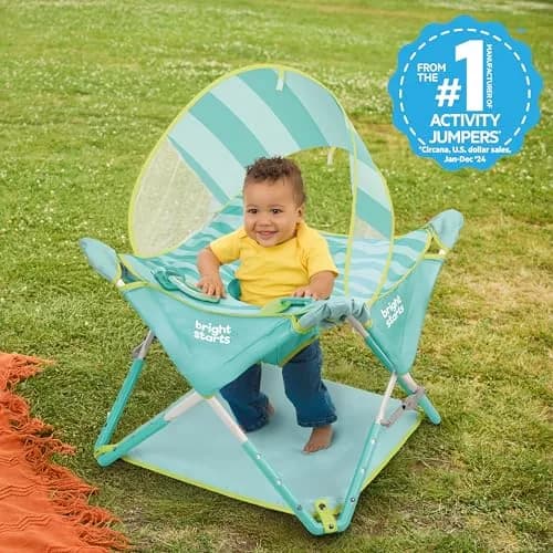Bright Starts Pop 'N Jump Portable Baby Activity Center Sky Stripes Blue | Indoor Outdoor Play, Adjustable Height, UV Canopy thumbnail 2