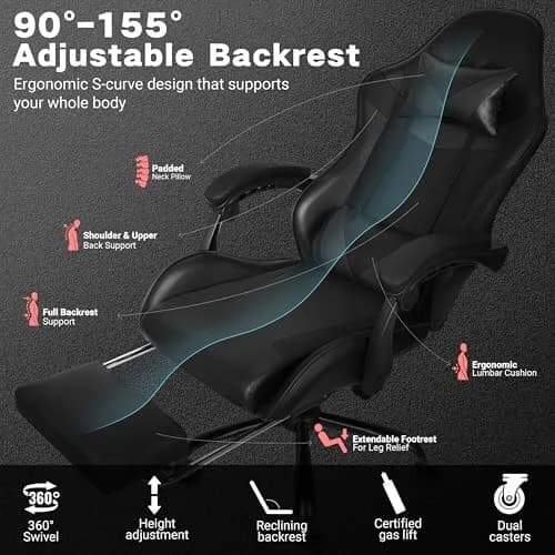 Ray Bear Gaming Chair with Footrest & Lumbar Support | Ergonomic Office Seat, Adjustable Height, 360° Swivel, Headrest (Black) | Supports up to 330 lbs thumbnail 6