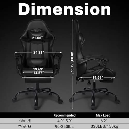 Ray Bear Gaming Chair with Footrest & Lumbar Support | Ergonomic Office Seat, Adjustable Height, 360° Swivel, Headrest (Black) | Supports up to 330 lbs thumbnail 7
