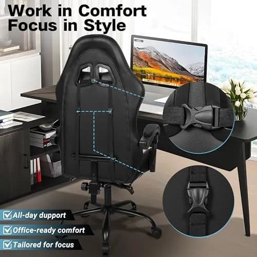 Ray Bear Gaming Chair with Footrest & Lumbar Support | Ergonomic Office Seat, Adjustable Height, 360° Swivel, Headrest (Black) | Supports up to 330 lbs thumbnail 2