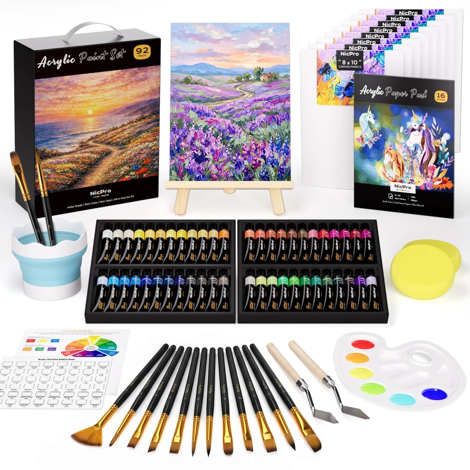 Nicpro 92PCS Acrylic Paint Canvas Set for Adults | 48 Paints, 8"x10" Canvas Panels, Artist Supplies Kit
