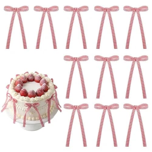 NatNarr Red Gingham Bows Cake Toppers (30 PCS, 2.9 x 5.7 inches) | Classic Red Gingham Ribbon Bows for Desserts - main product image