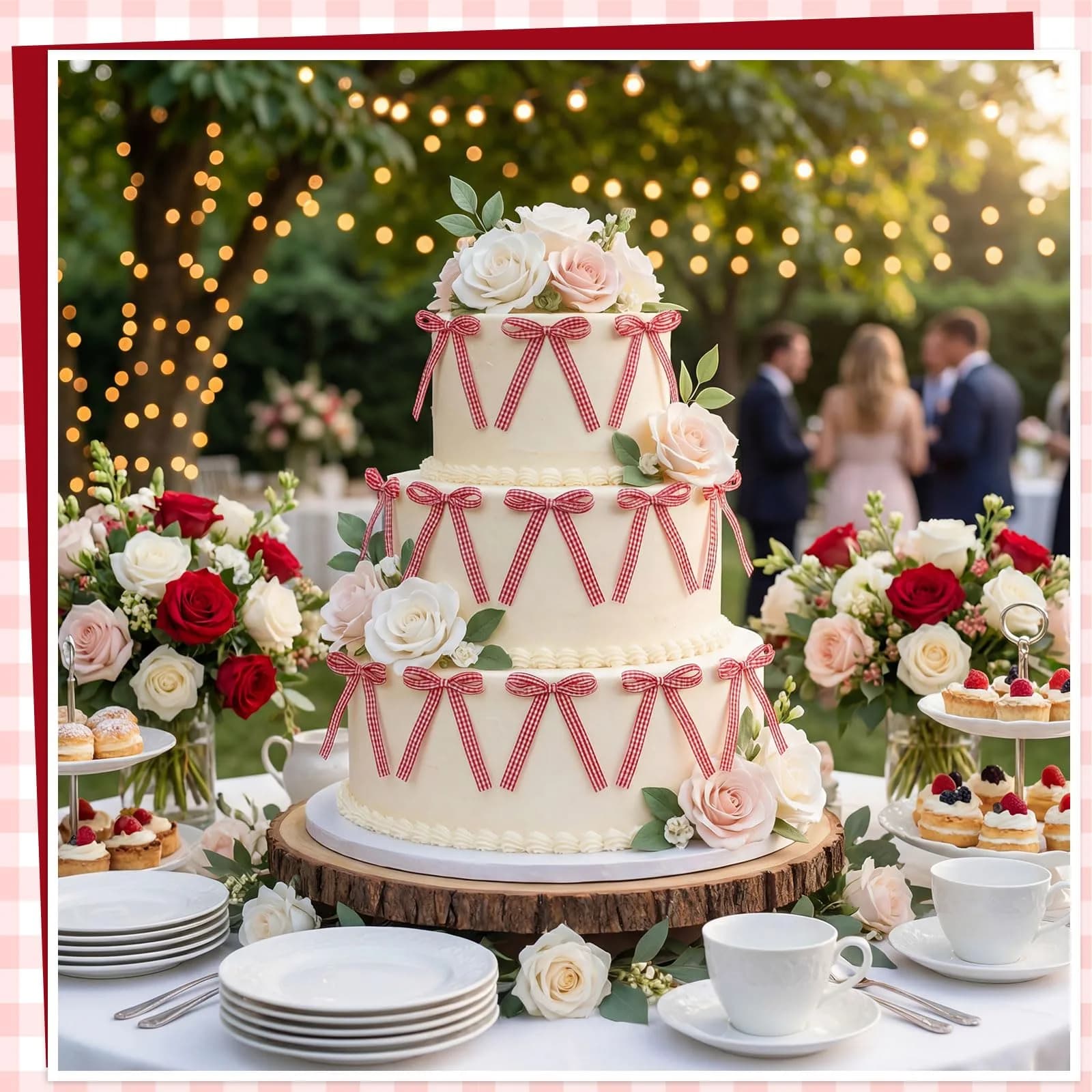 NatNarr Red Gingham Ribbon Bows 30 Pack | Pre-Tied Polyester Cake Toppers - view 5