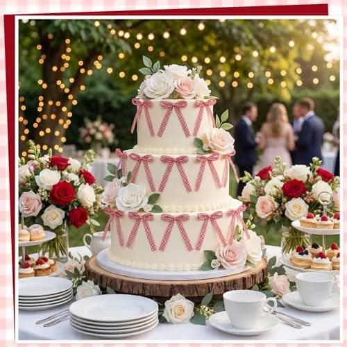 NatNarr Red Gingham Ribbon Bows 30 Pack | Pre-Tied Polyester Cake Toppers thumbnail 5