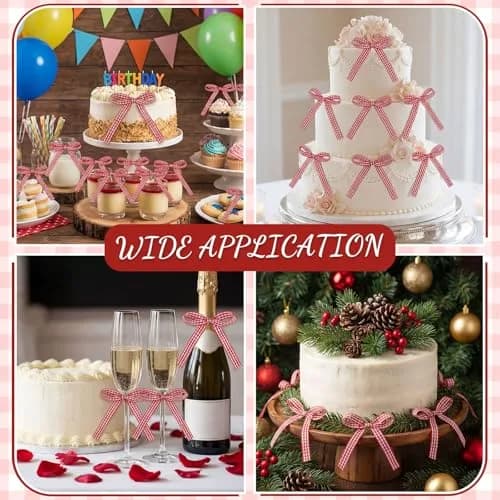 NatNarr Red Gingham Ribbon Bows 30 Pack | Pre-Tied Polyester Cake Toppers thumbnail 6