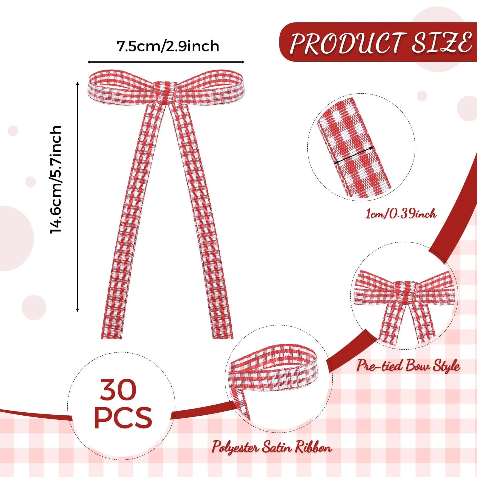 NatNarr Red Gingham Ribbon Bows 30 Pack | Pre-Tied Polyester Cake Toppers - view 2