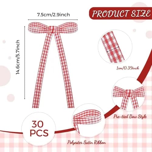 NatNarr Red Gingham Ribbon Bows 30 Pack | Pre-Tied Polyester Cake Toppers thumbnail 2