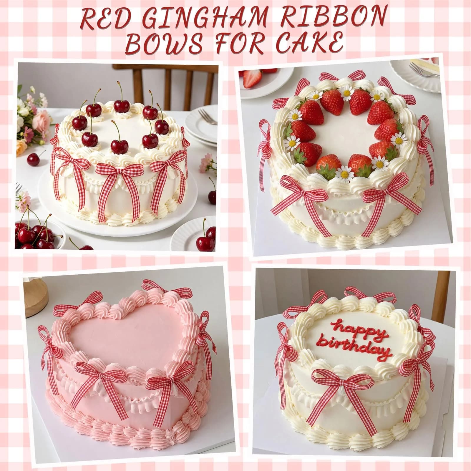 NatNarr Red Gingham Ribbon Bows 30 Pack | Pre-Tied Polyester Cake Toppers - view 3