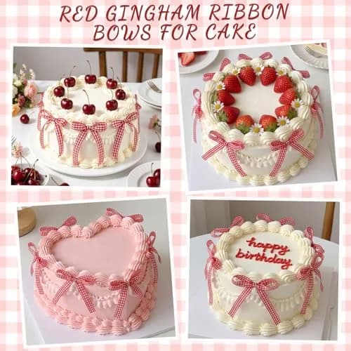 NatNarr Red Gingham Ribbon Bows 30 Pack | Pre-Tied Polyester Cake Toppers thumbnail 3