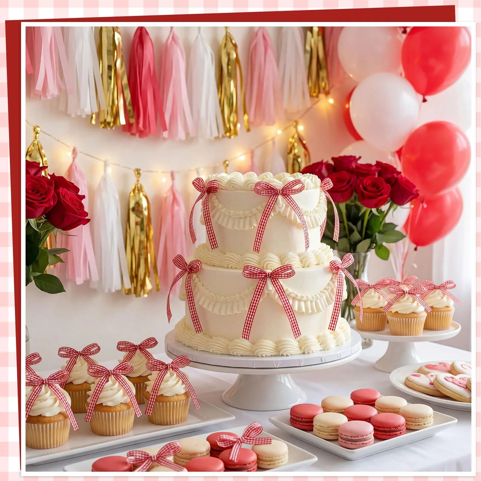 NatNarr Red Gingham Ribbon Bows 30 Pack | Pre-Tied Polyester Cake Toppers - view 4