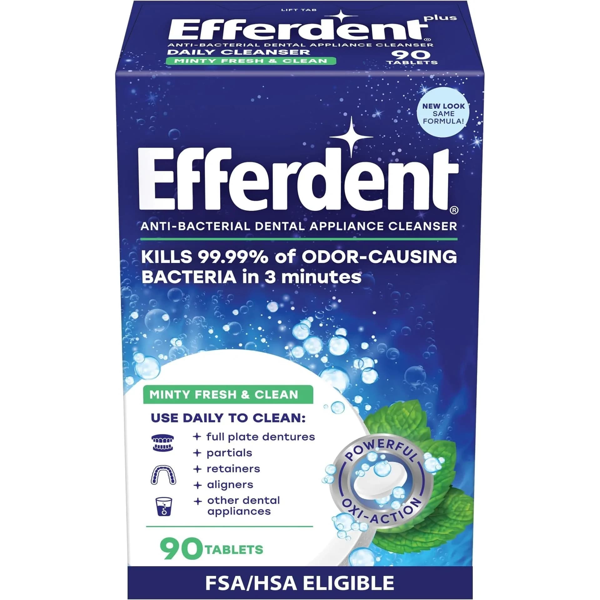 Efferdent Denture Cleaner Tablets 540 Count (90 Tablets x 6 Packs) | Kills 99.99% Odor-Causing Bacteria