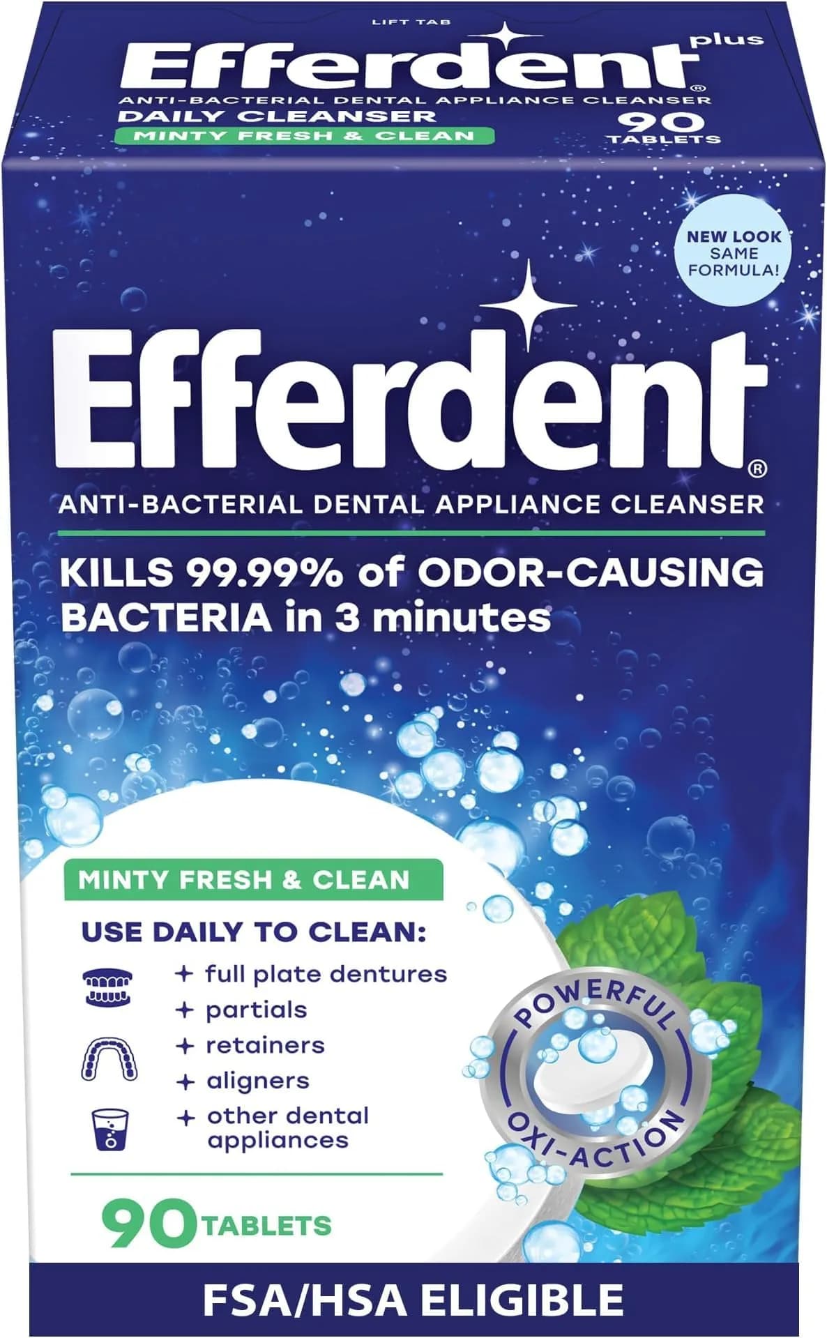 Efferdent Denture Cleaner Tablets, Minty Fresh & Clean, 90 Count (Pack of 6) | Kills 99.99% Bacteria - main product image