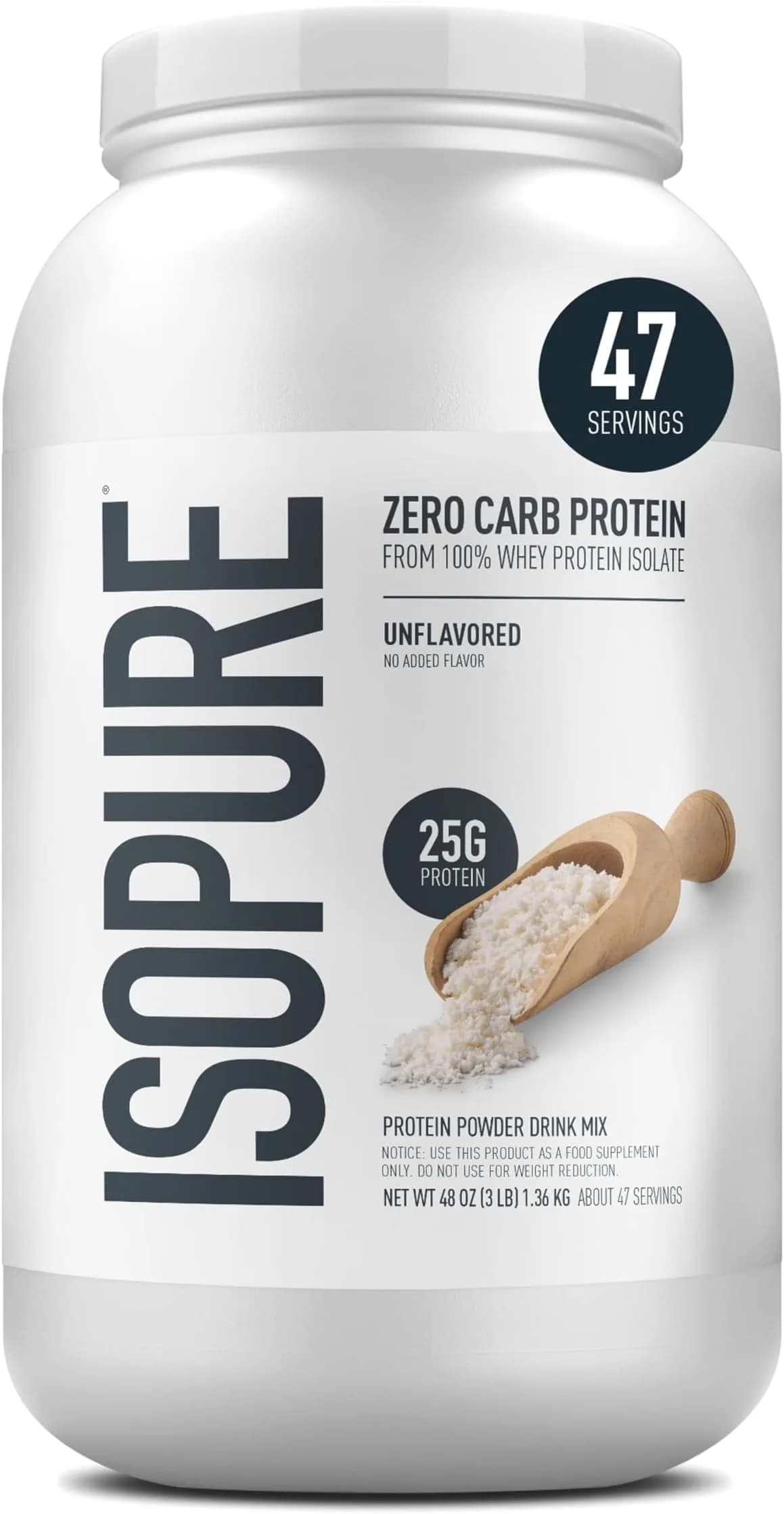 Isopure Zero Carb Whey Protein Isolate Powder, Unflavored, 3 lb (1.36 kg) | 25g Protein Per Serving — 3 Pound