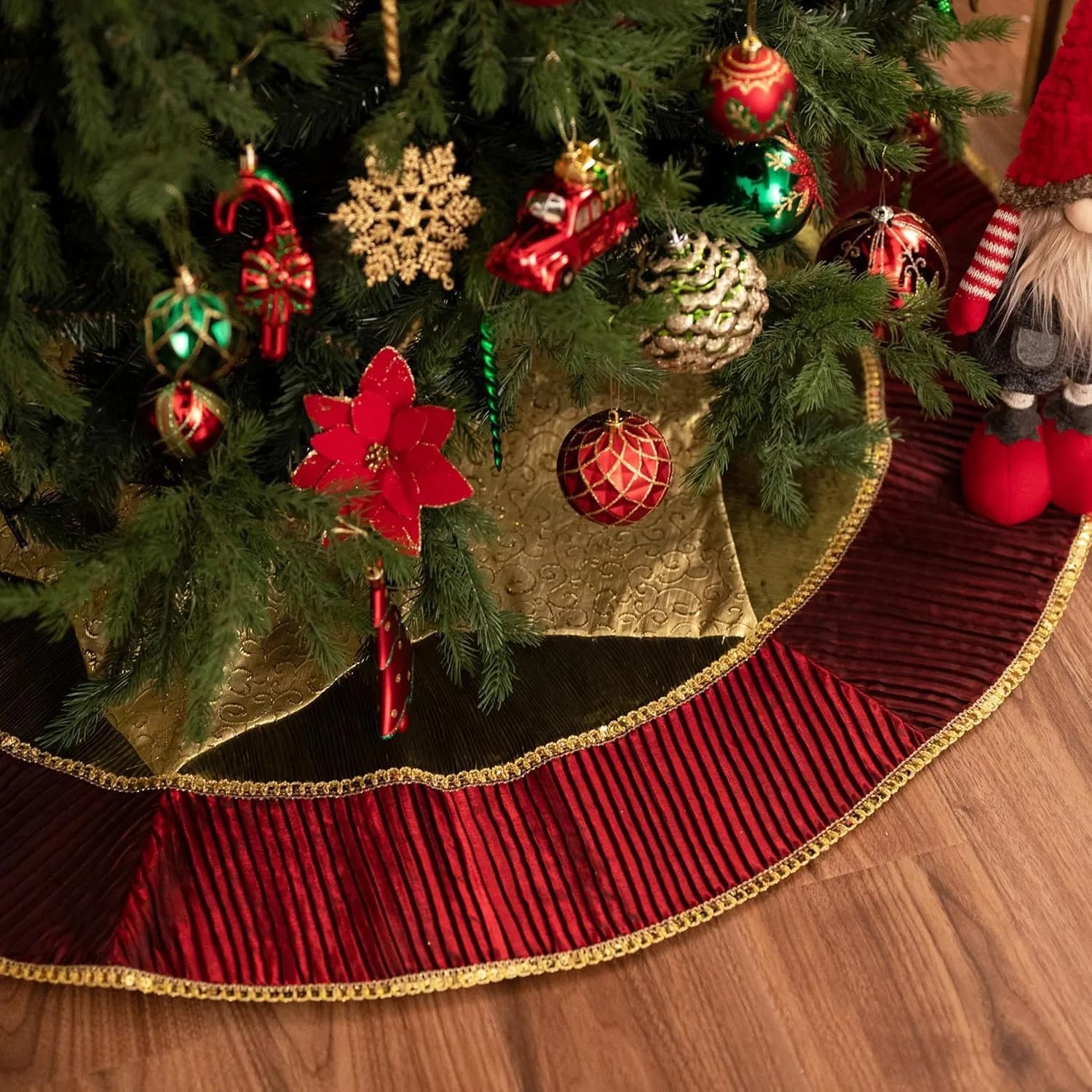 Valery Madelyn 60" Red Green Gold Christmas Tree Skirt | Traditional Velvet with Embroidery & Tassels for 6-8ft Trees - main product image