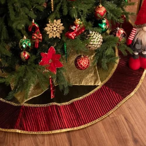 Valery Madelyn 60" Red Green Gold Christmas Tree Skirt | Traditional Velvet with Embroidery & Tassels for 6-8ft Trees thumbnail 1