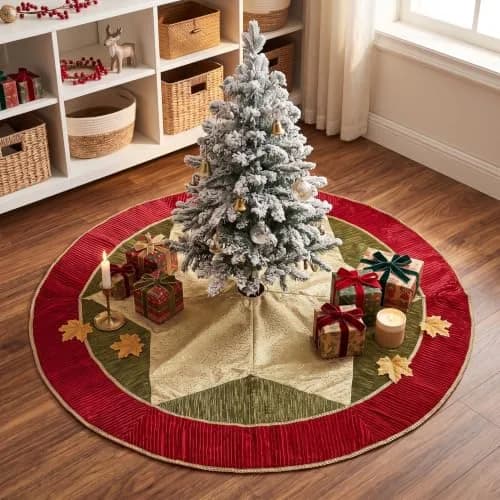 Valery Madelyn 60" Red Green Gold Christmas Tree Skirt | Traditional Velvet with Embroidery & Tassels for 6-8ft Trees thumbnail 5