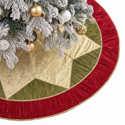 Valery Madelyn 60" Red Green Gold Christmas Tree Skirt | Traditional Velvet with Embroidery & Tassels for 6-8ft Trees thumbnail 8