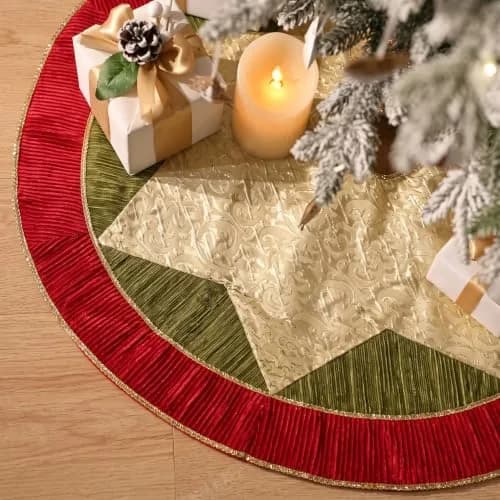 Valery Madelyn 60" Red Green Gold Christmas Tree Skirt | Traditional Velvet with Embroidery & Tassels for 6-8ft Trees thumbnail 2