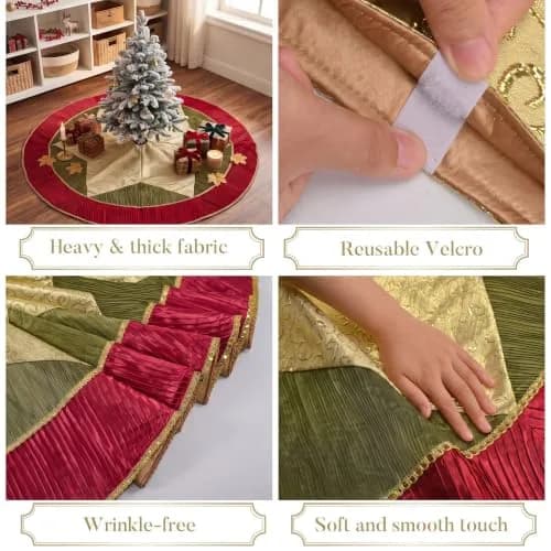 Valery Madelyn 60" Red Green Gold Christmas Tree Skirt | Traditional Velvet with Embroidery & Tassels for 6-8ft Trees thumbnail 3