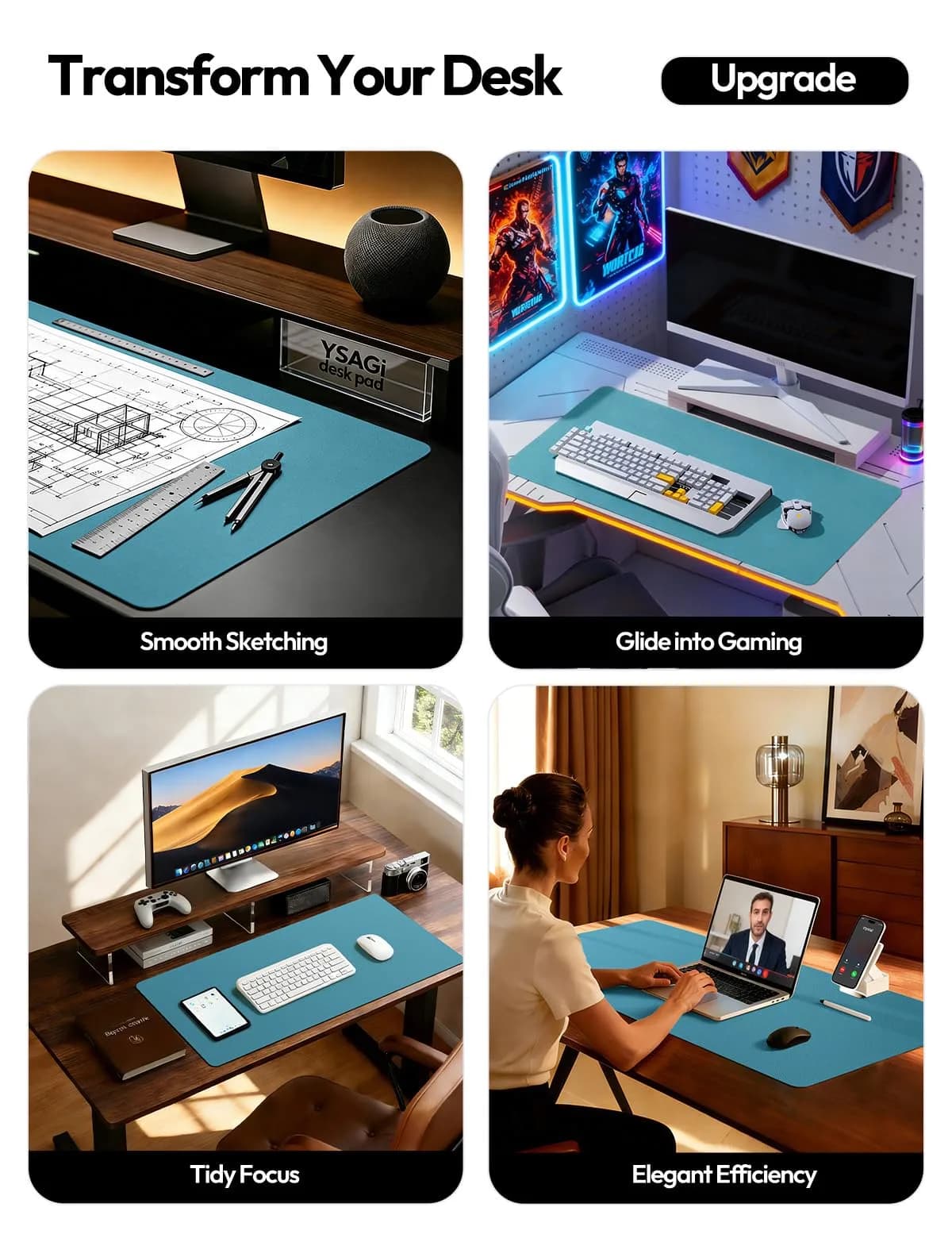 YSAGi PU Leather Desk Pad Protector with Mouse Pad Function, Turquoise (23.6" x 13.8") thumbnail 2