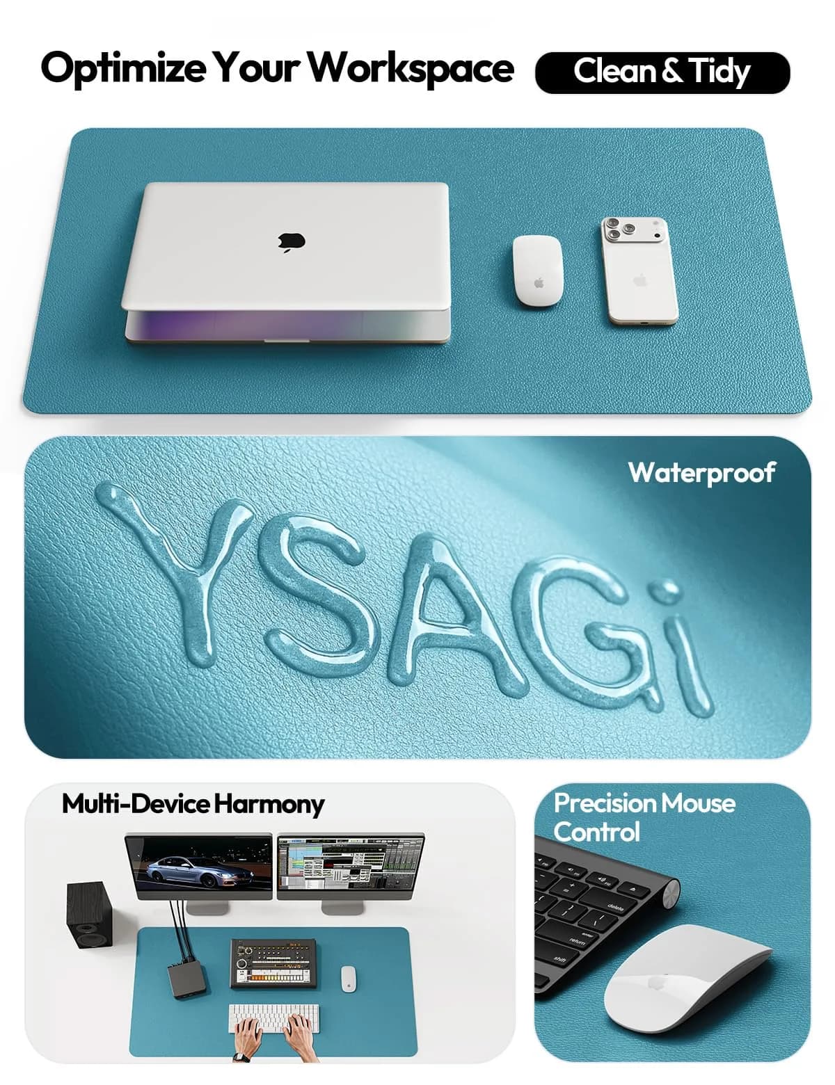 YSAGi PU Leather Desk Pad Protector with Mouse Pad Function, Turquoise (23.6" x 13.8") thumbnail 8