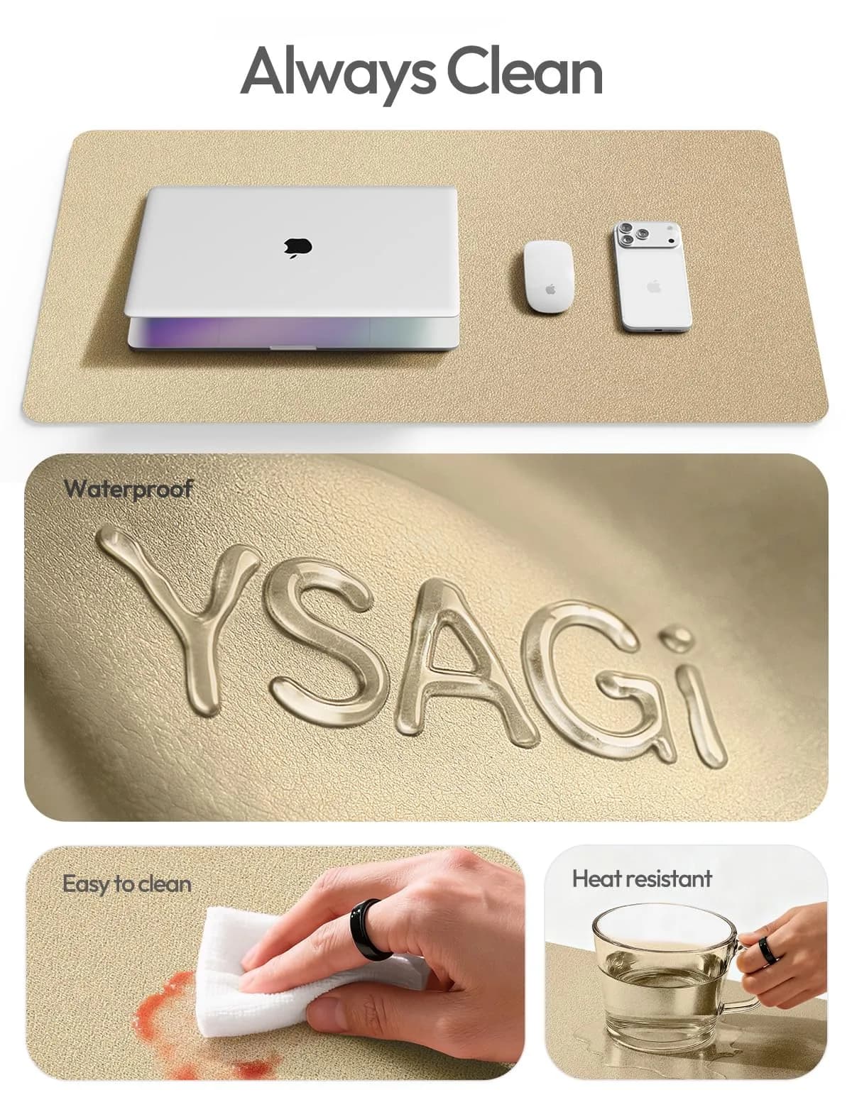 YSAGi Leather Desk Pad Protector Large Mouse Pad with Non-Slip PU Leather, 35.4" x 17" Gold | Protects Your Desk Surface thumbnail 8