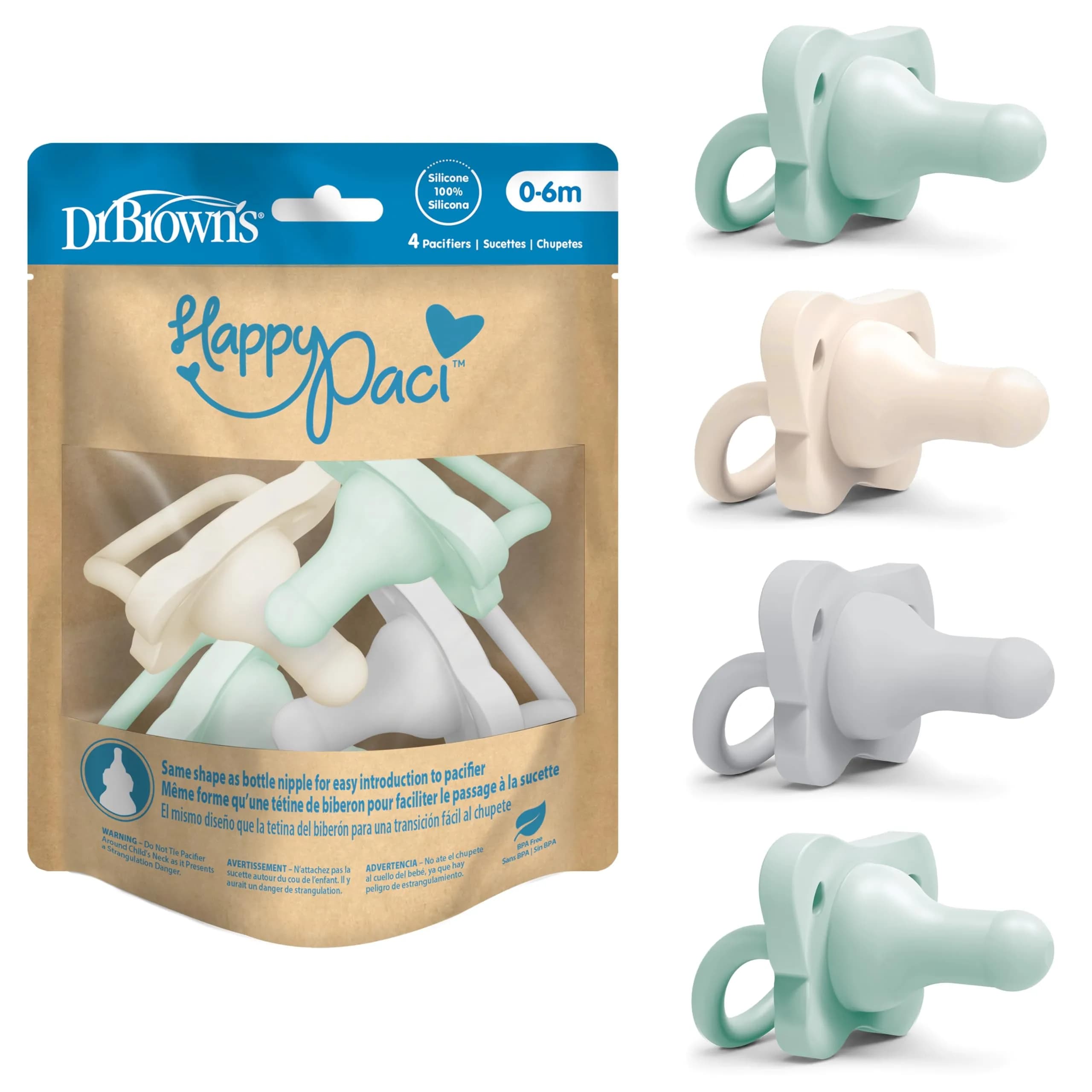 Dr. Brown's HappyPaci Silicone Pacifier 0-6m, 4-Pack | BPA-Free Soothing for Sensitive Gums - main product image