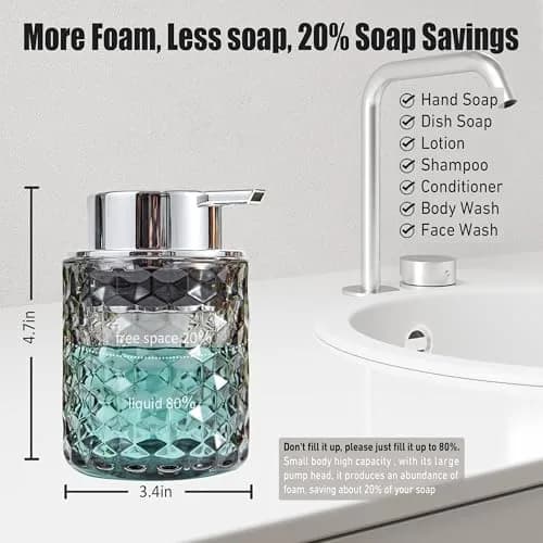 MALACHI Foaming Hand Soap Dispenser 300ml (10 oz) | Elegant Diamond Pattern Glass Bottle for Bathroom & Kitchen thumbnail 2