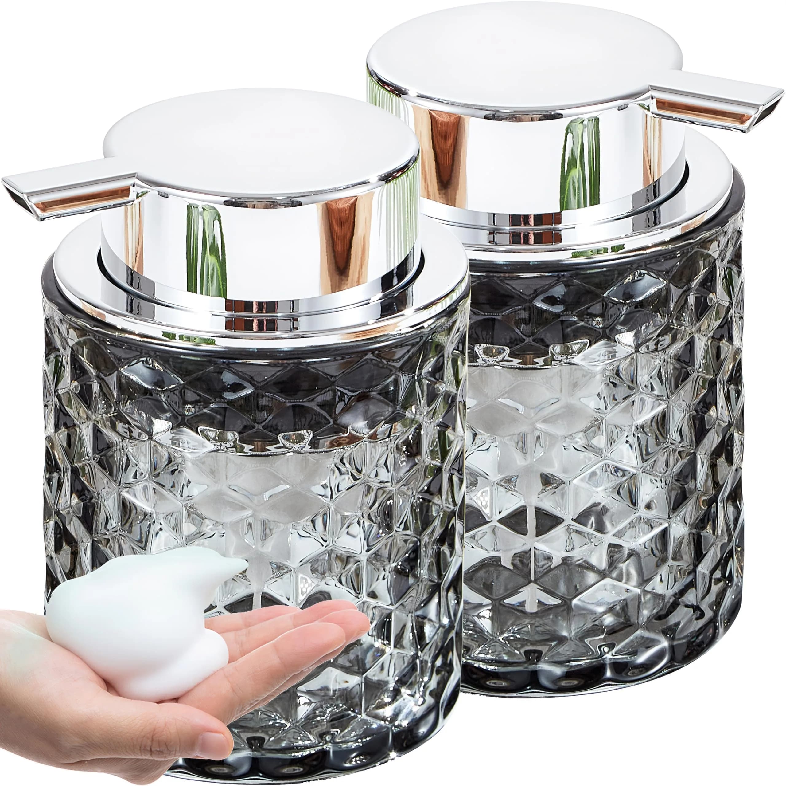 Malachi Foaming Hand Soap Dispenser, Clear Glass Pump Bottle 300ml (10 oz) | Elegant Diamond Pattern for Bathroom & Kitchen
