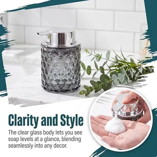 Malachi Foaming Hand Soap Dispenser, Clear Glass Pump Bottle 300ml (10 oz) | Elegant Diamond Pattern for Bathroom & Kitchen thumbnail 5