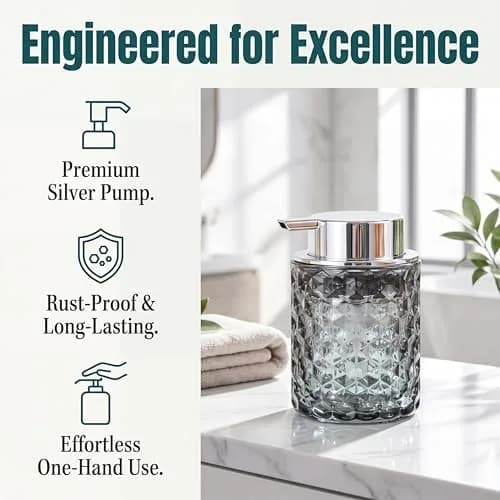 Malachi Foaming Hand Soap Dispenser, Clear Glass Pump Bottle 300ml (10 oz) | Elegant Diamond Pattern for Bathroom & Kitchen thumbnail 6
