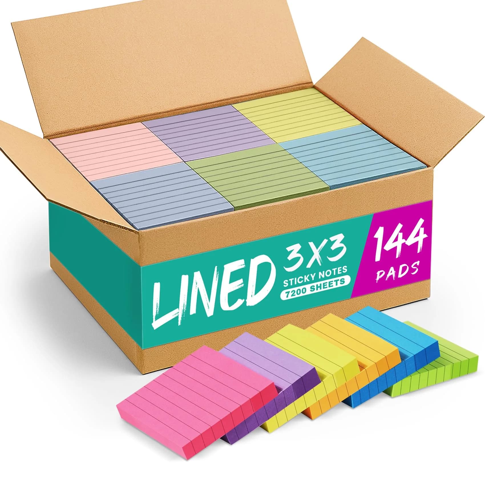 Taja Lined Sticky Notes 144 Pads 3x3 Inches 50 Sheets/Pad Bright | Bulk Pack for Office, Study & Daily Organization