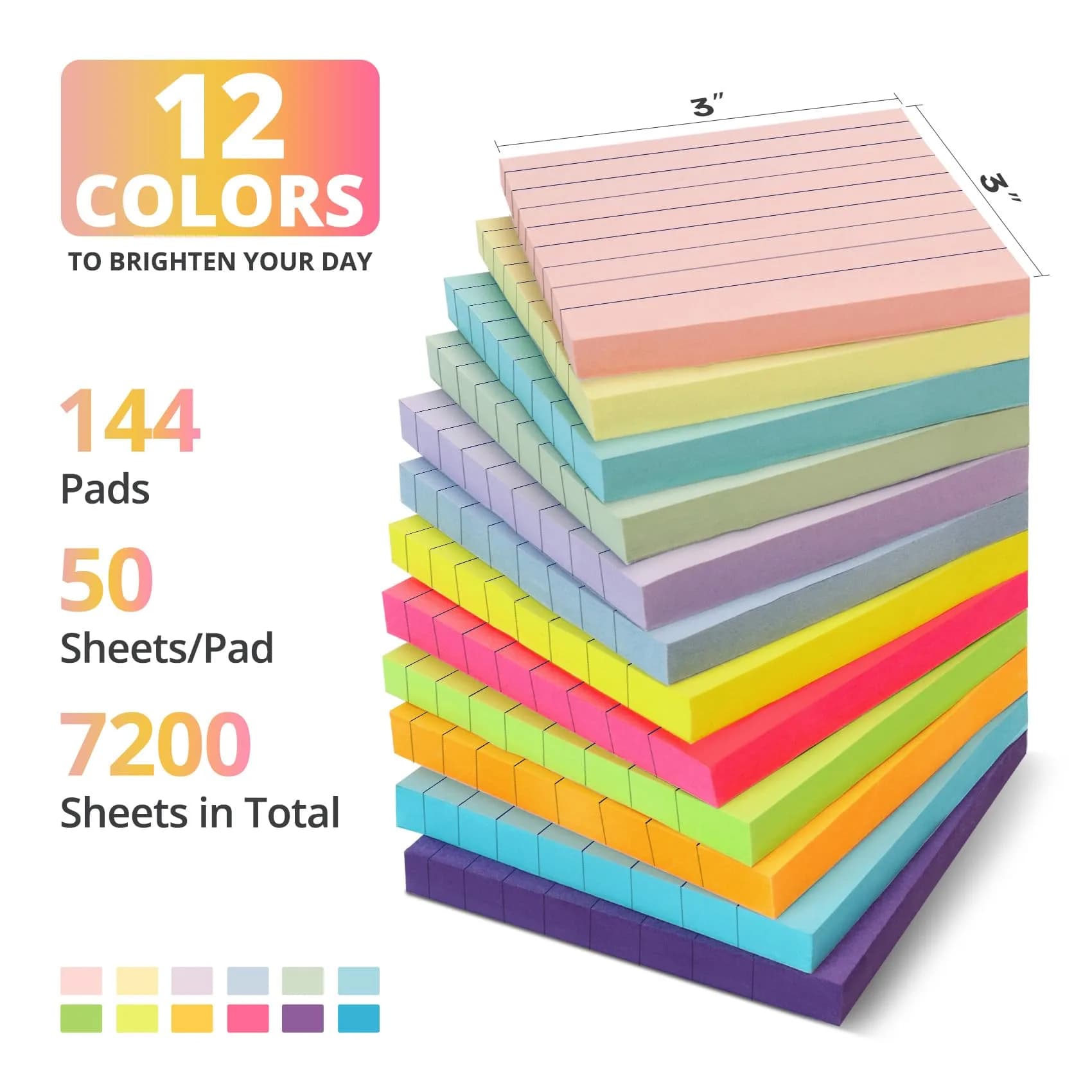Taja Lined Sticky Notes 144 Pads 3x3 Inches 50 Sheets/Pad Bright | Bulk Pack for Office, Study & Daily Organization - view 2