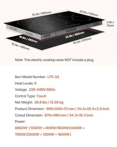 VEVOR 36-inch 5 Burner Electric Cooktop 8600W 220-240V | Built-in Ceramic Glass Radiant Stove Top with Touch Control thumbnail 7