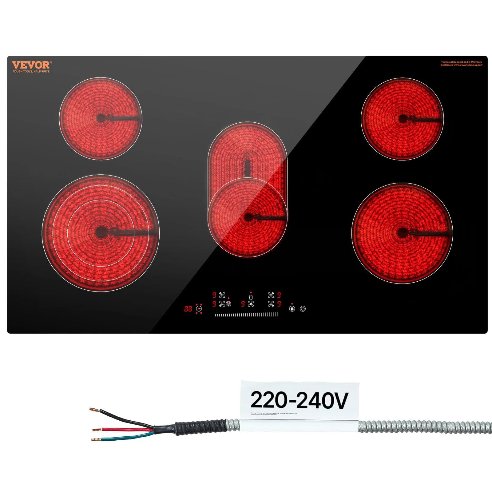 VEVOR 36-inch 5 Burner Electric Cooktop 8600W 220-240V | Built-in Ceramic Glass Radiant Stove Top with Touch Control - main product image