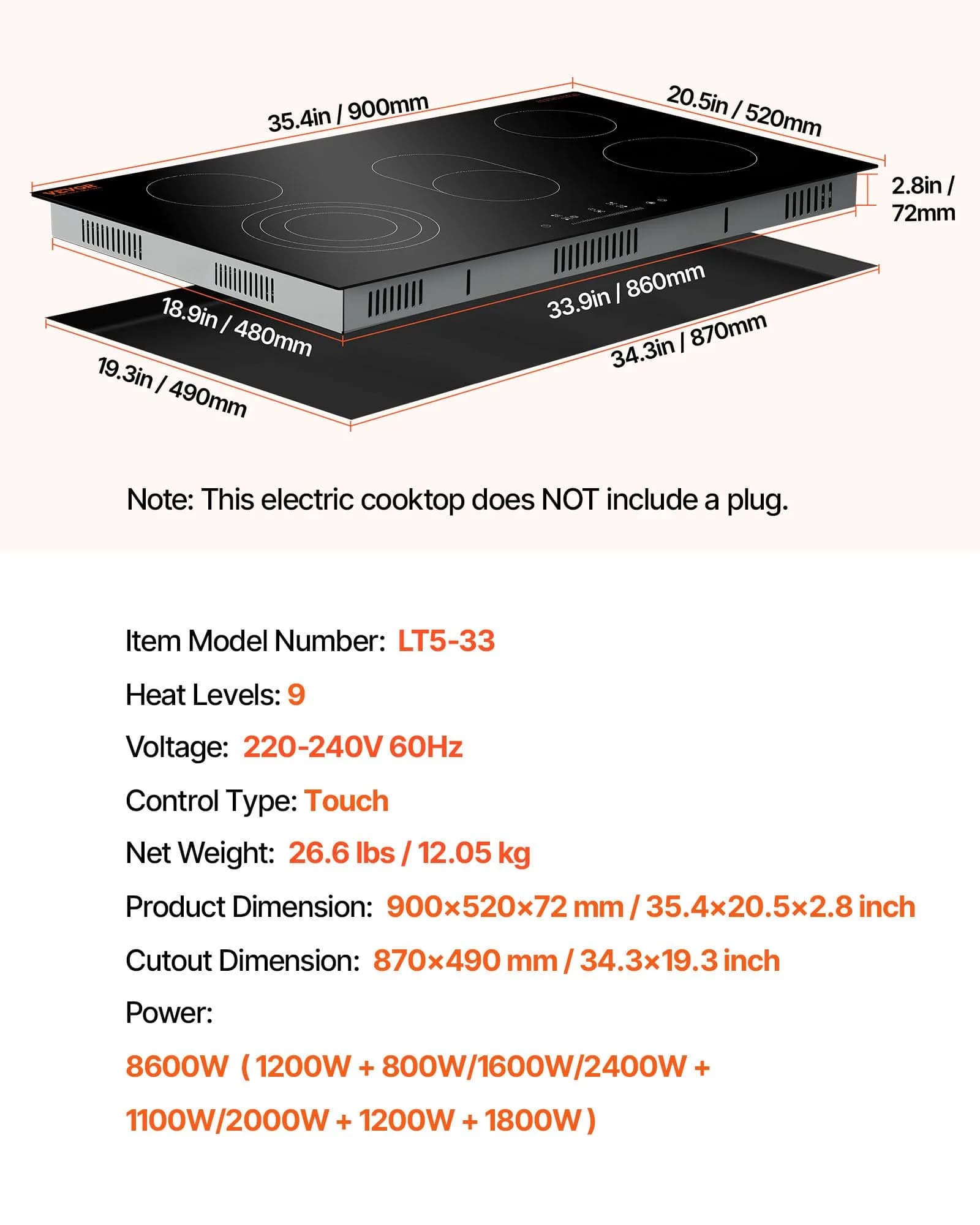 VEVOR 36-inch 5 Burner Electric Cooktop 8600W 220-240V | Built-in Ceramic Glass Radiant Stove Top with Touch Control - view 7