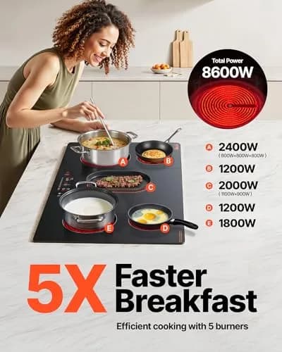 VEVOR 36-inch 5 Burner Electric Cooktop 8600W 220-240V | Built-in Ceramic Glass Radiant Stove Top with Touch Control thumbnail 3
