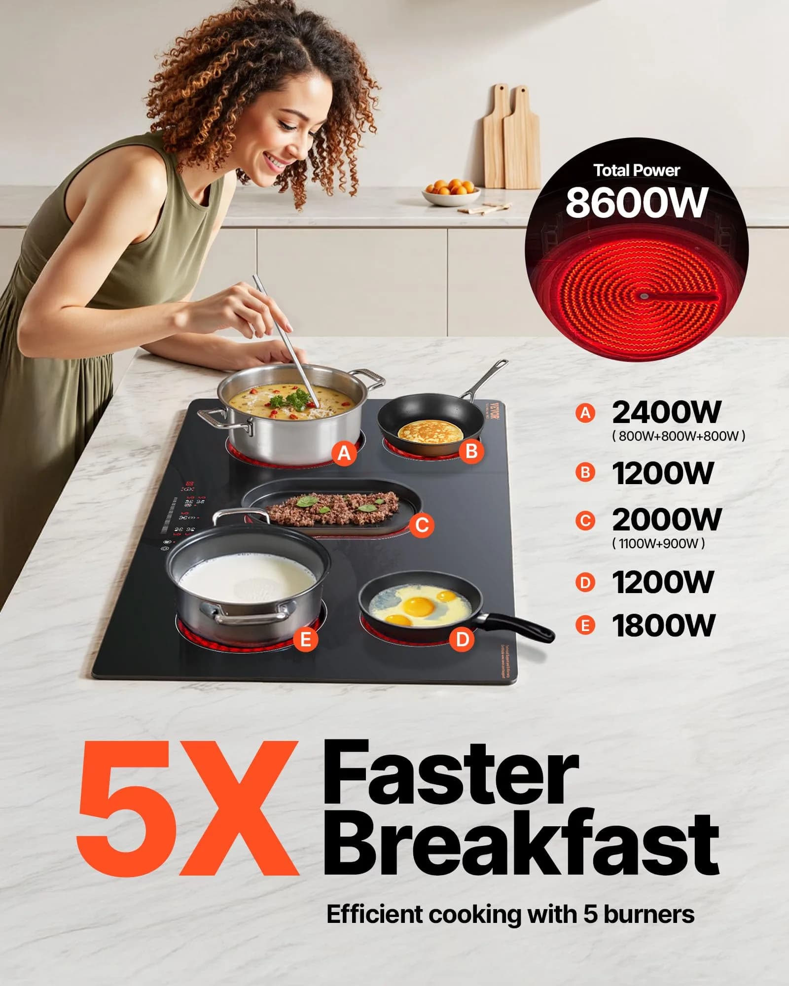 VEVOR 36-inch 5 Burner Electric Cooktop 8600W 220-240V | Built-in Ceramic Glass Radiant Stove Top with Touch Control - view 3