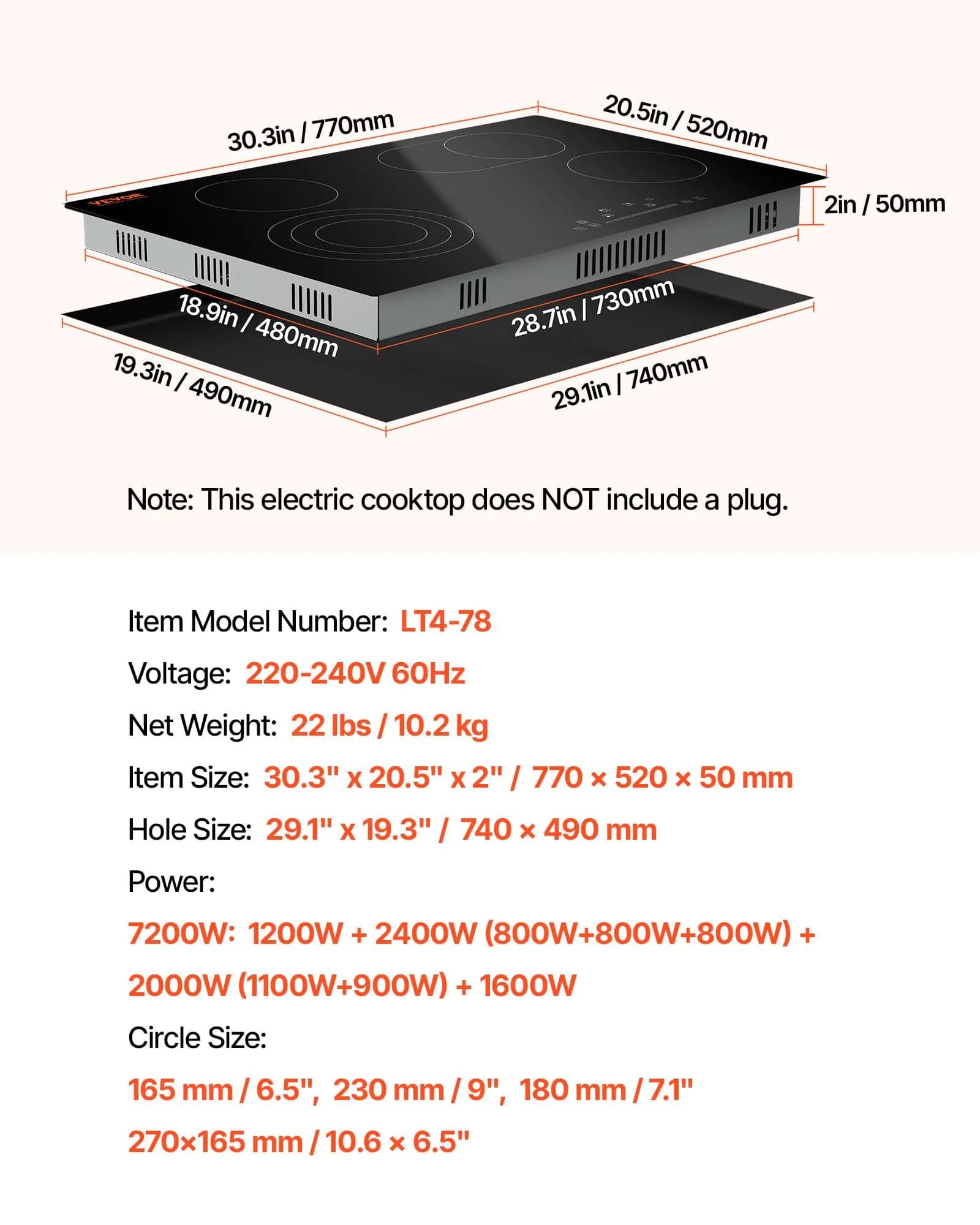 VEVOR 30" 4 Burner Built-in Electric Radiant Cooktop 7200W 220-240V | Touch Sensor Ceramic Stove Top with Timer & Child Lock - view 7