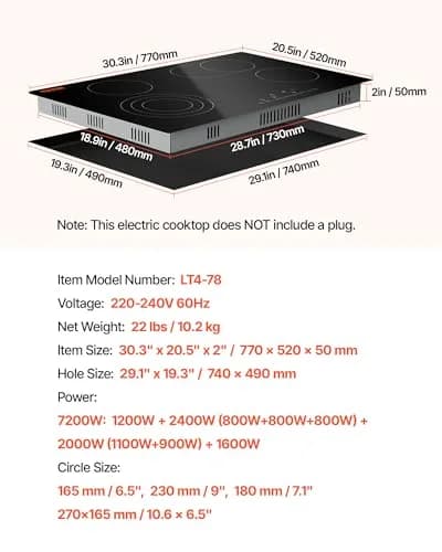 VEVOR 30" 4 Burner Built-in Electric Radiant Cooktop 7200W 220-240V | Touch Sensor Ceramic Stove Top with Timer & Child Lock thumbnail 7